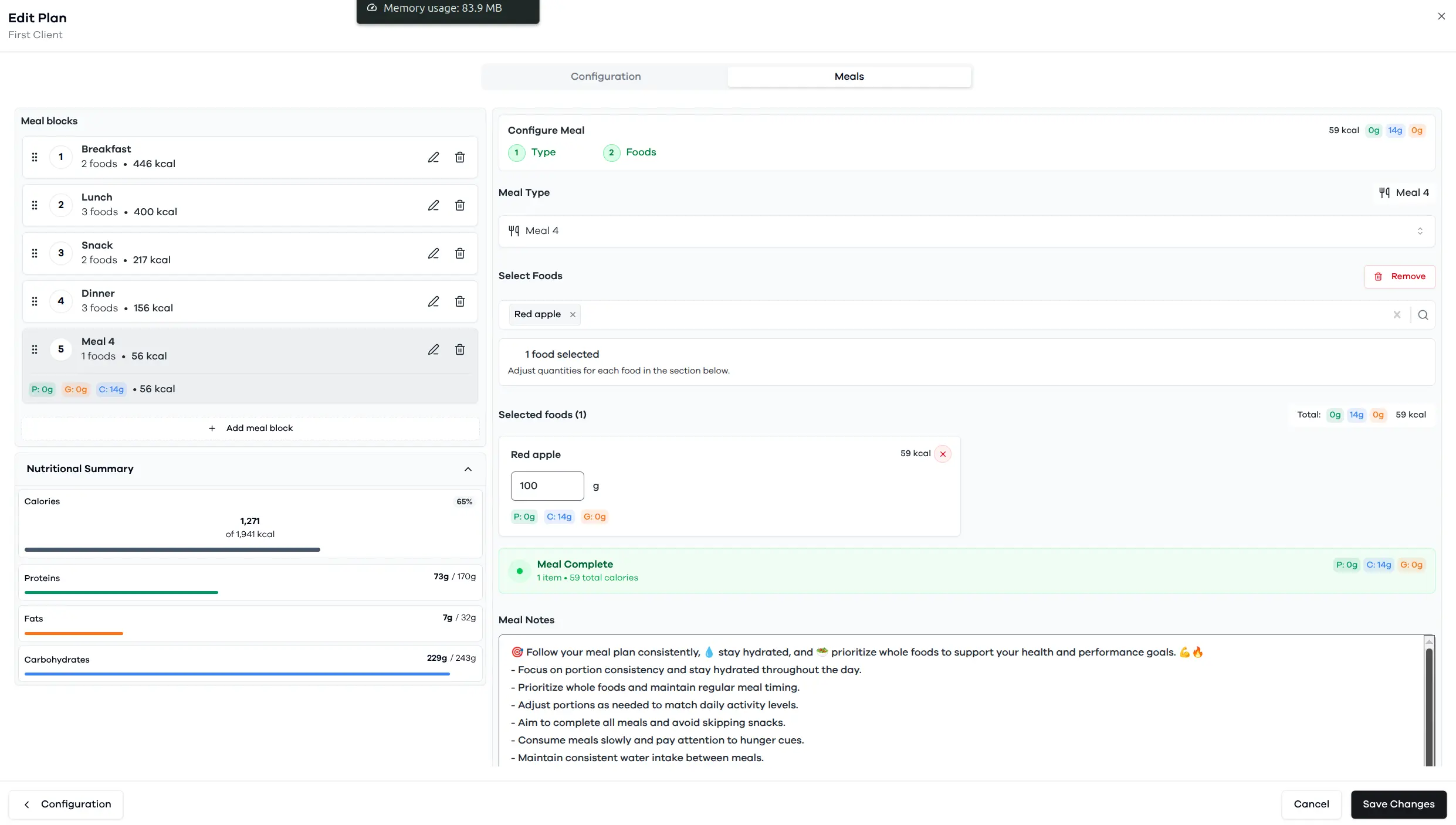 Macro meal setup workspace preview