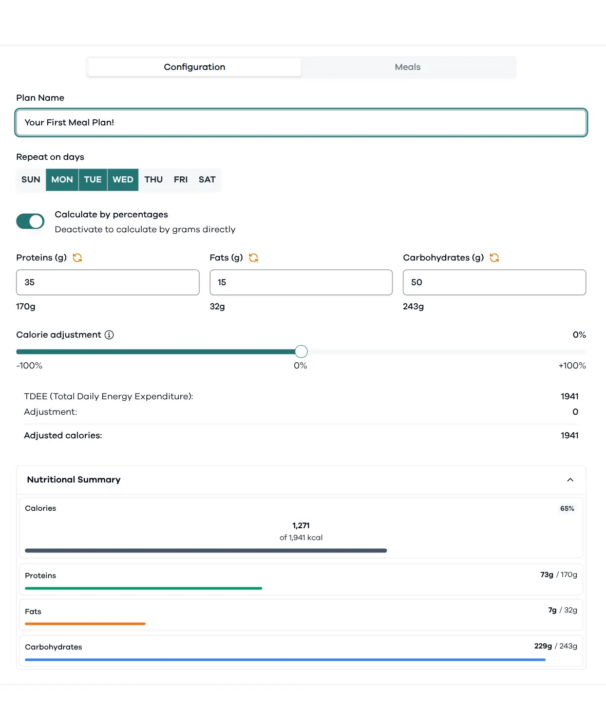 Macro meal plan setup form